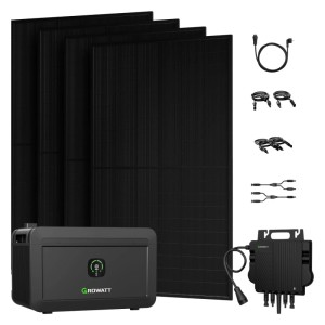 Growatt Balkonkraftwerk mit Speicher: 4 Solarmodule, Wechselrichter und NOAH 2000 Speicher.