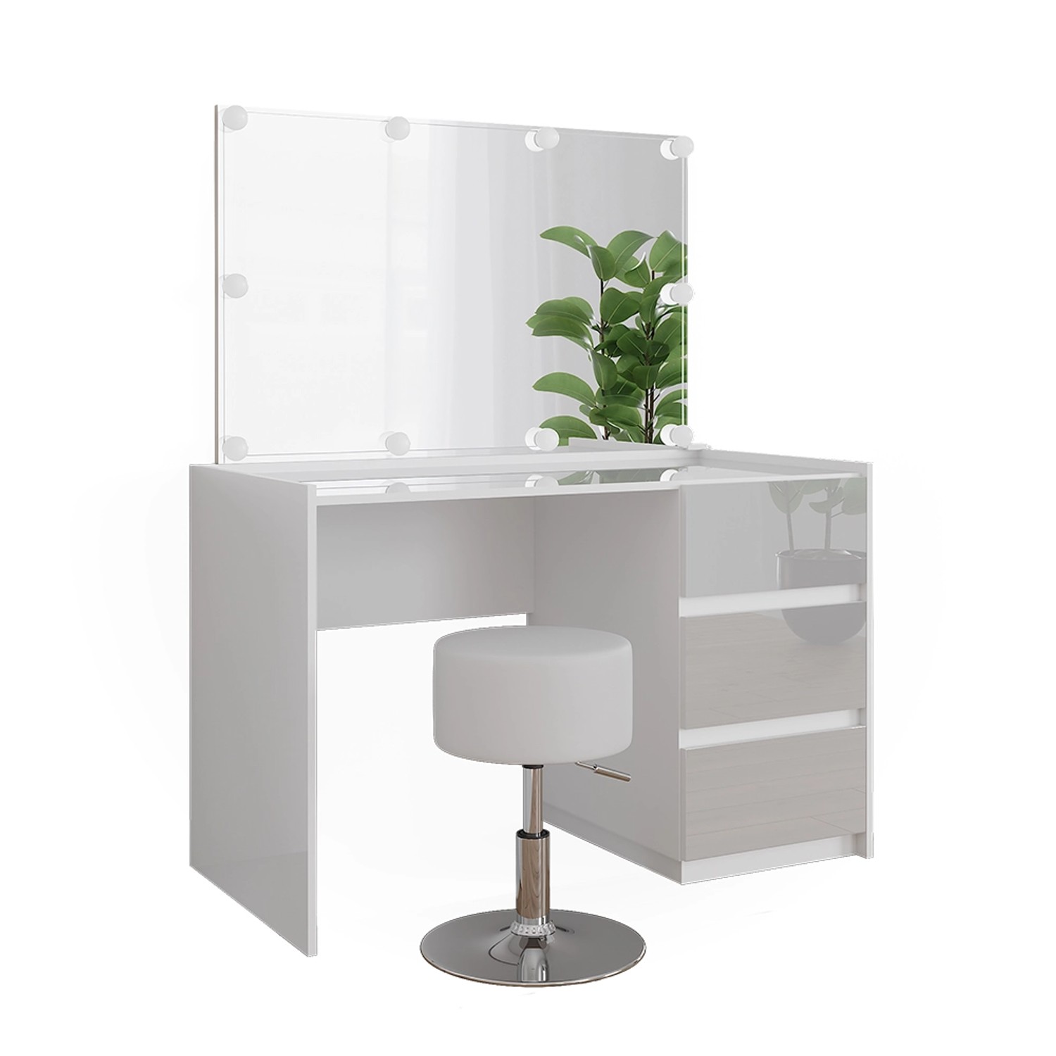 Vicco Schminktisch Marla Weiß Hochglanz 120 cm mit Spiegel Hocker LED-Lichterkette