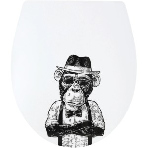 WC-Sitz Stadtaffe: Weißer Toilettendeckel mit Affen-Motiv in Schwarz-Weiß.
