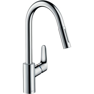 Hansgrohe Focus Küchenarmatur, 240 mm, Chrom, mit ausziehbarer Geschirrbrause.