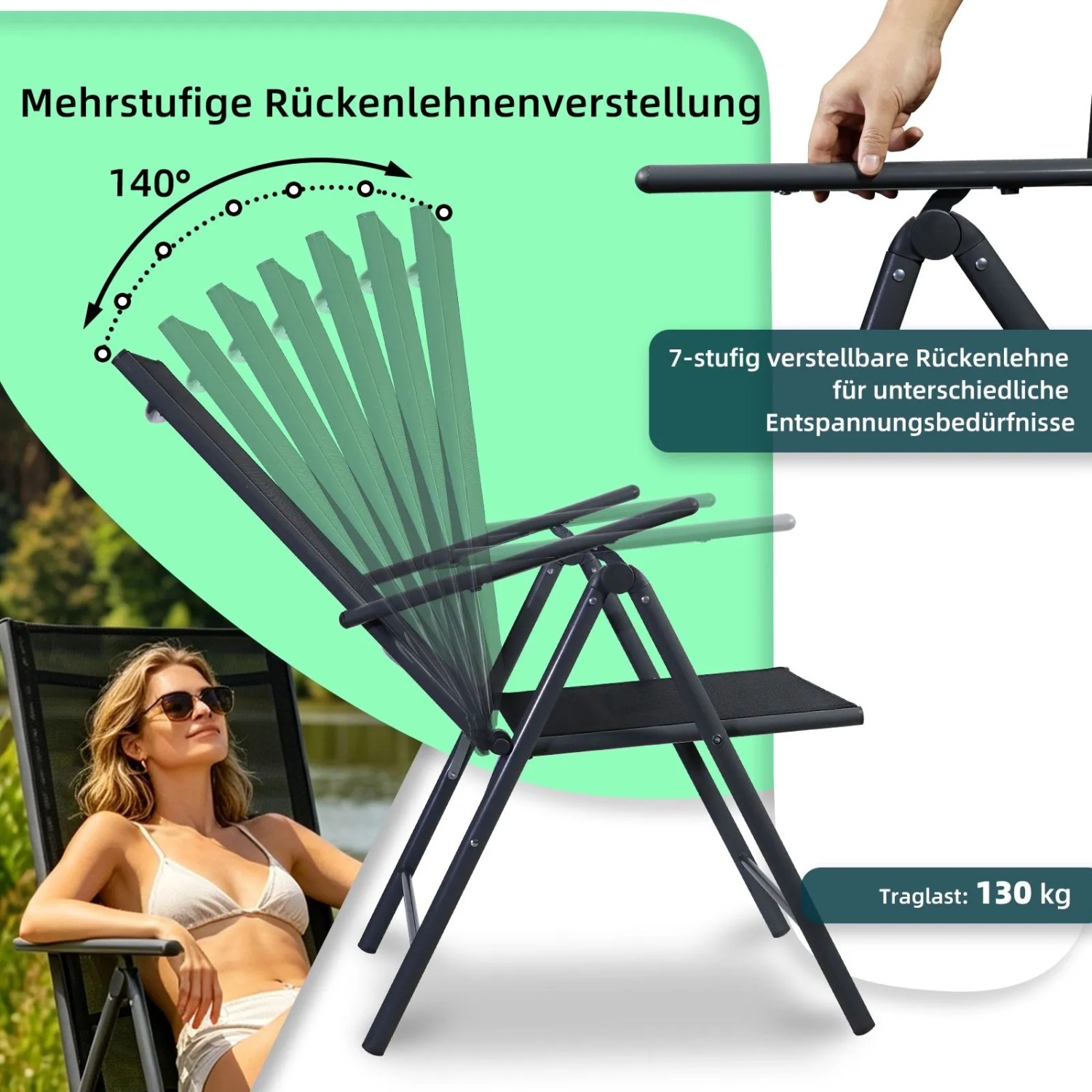 CCLIFE Gartenstuhl Hochlehner Balkonstuhl 2er Set Klappbar 7 Fach Verstellbar Bis 150kg Dunkelgrau_3