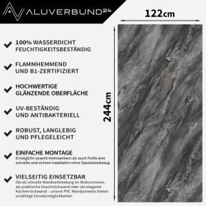 Hochglänzendes PVC Wandpaneel Obsidian-Grey in Marmor-Optik, 122x244cm. Ideal für Duschrückwand, Küchenrückwand & Bad.