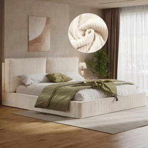 Beiges Cord-Polsterbett 180x200 cm mit gepolstertem Kopfteil und Stauraum. Weiche, strukturierte Oberfläche im Schlafzimmer.