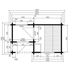Grundriss Finntherm Gartensauna Basel-70 Natur, 407x230cm, Maße und Details.