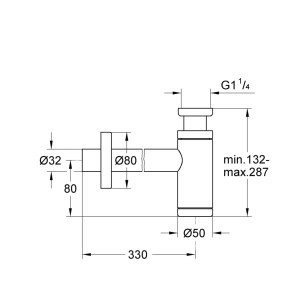 Technische Zeichnung eines Ablaufbogens/Siphons für Waschtische mit Maßen und G1 1/4 Anschluss.