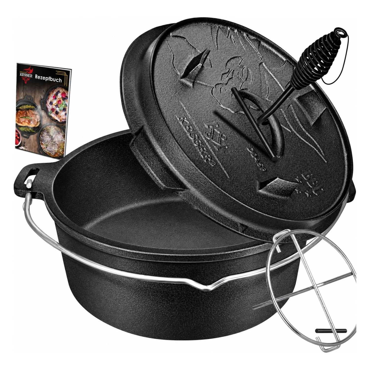 KESSER Dutch Oven Set Gusseisen mit Deckel DO12P 13.6, Schwarz Ohne Füße