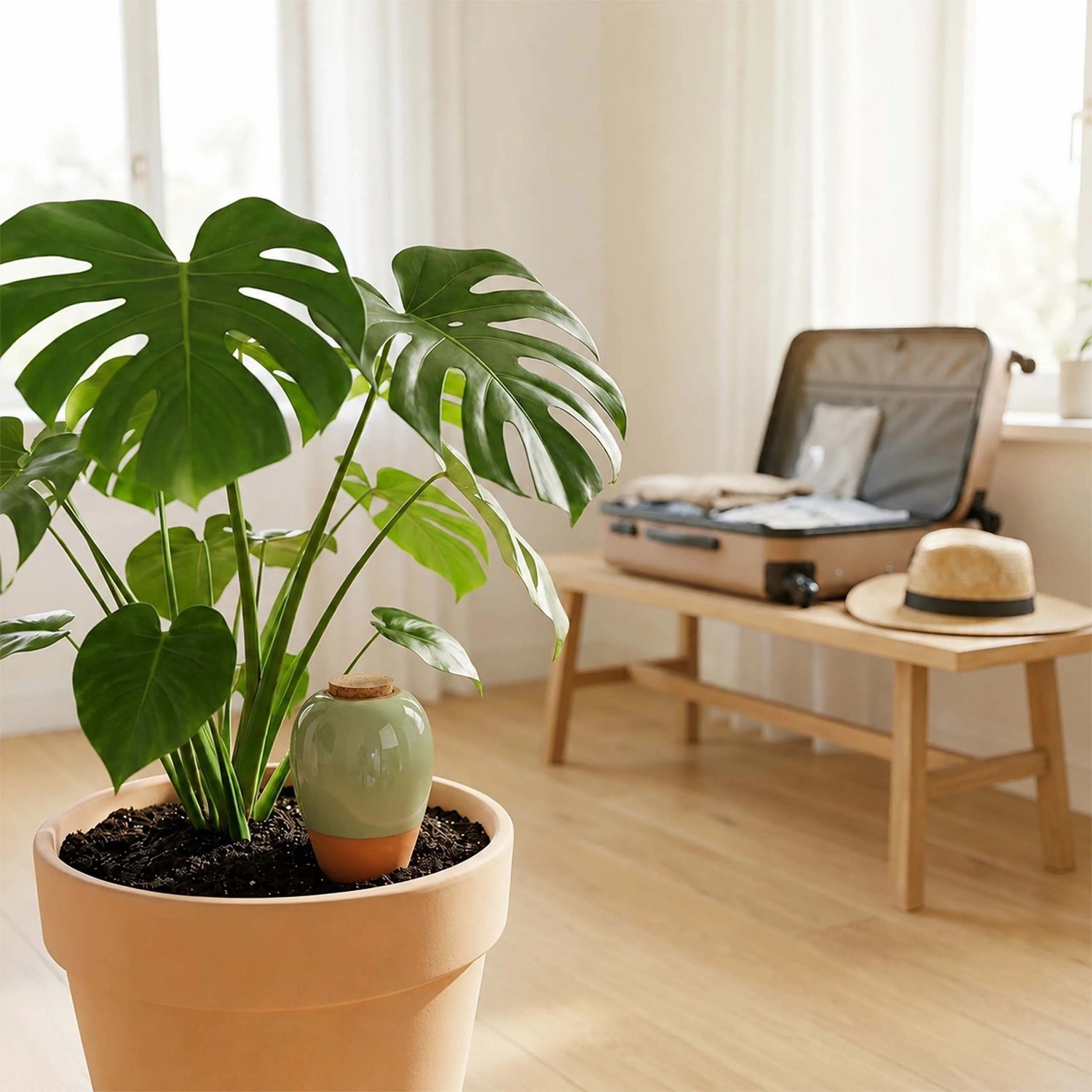 Salbeifarbener Keramik Bewässerungskegel mit Korkdeckel in Topf mit Monstera. Perfekt für Pflanzenbewässerung im Urlaub.