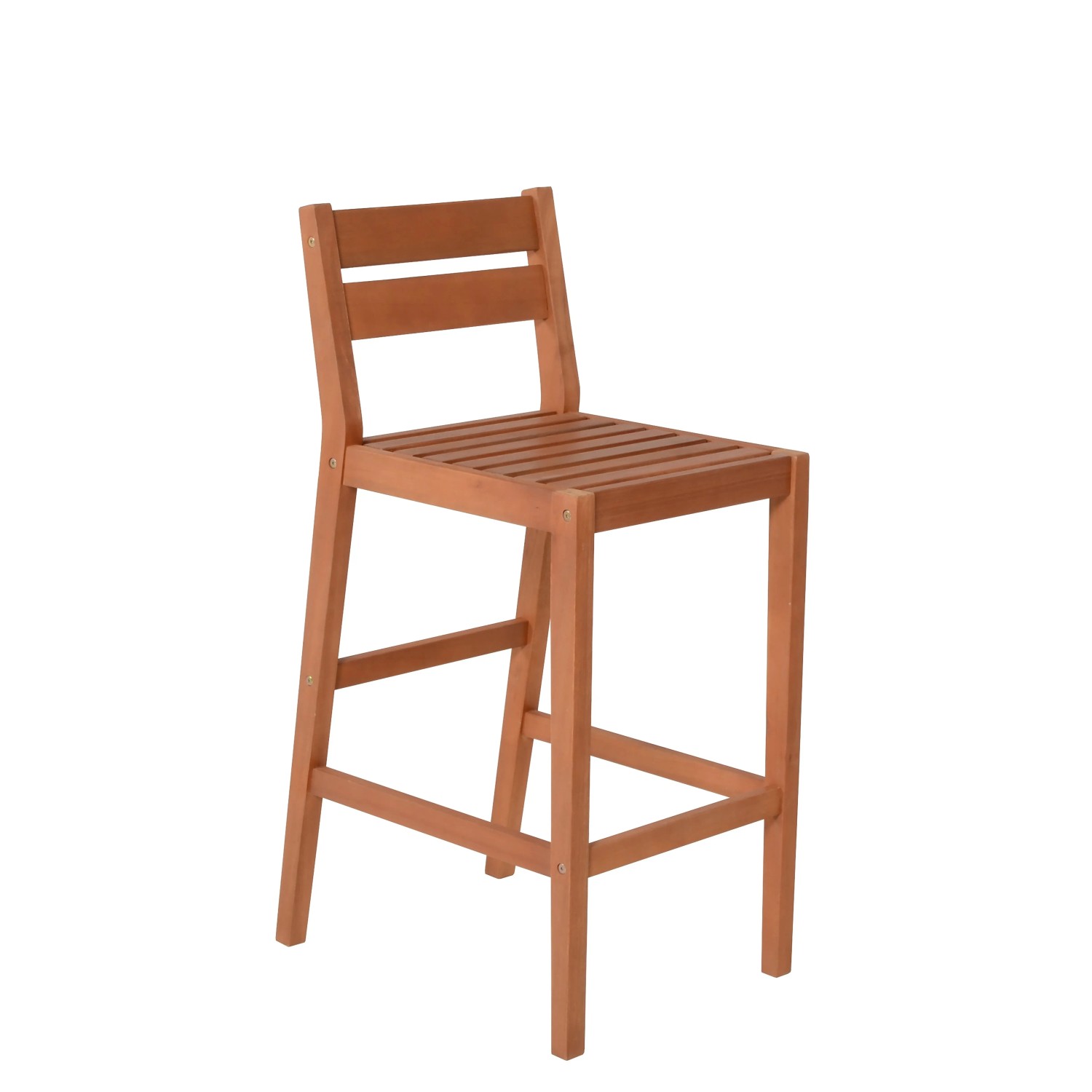 Barhocker aus Eukalyptusholz, Teil eines Bartisch-Sets, mit Sprossen an Sitzfläche und Rückenlehne.