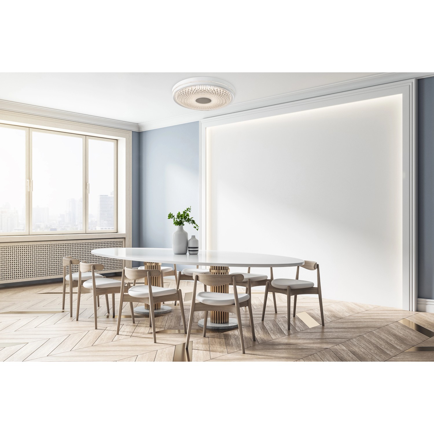 Moderne, dimmbare LED-Deckenleuchte Boise, 51 cm Durchmesser, von Näve. Weißes Design mit Farbwechsel.