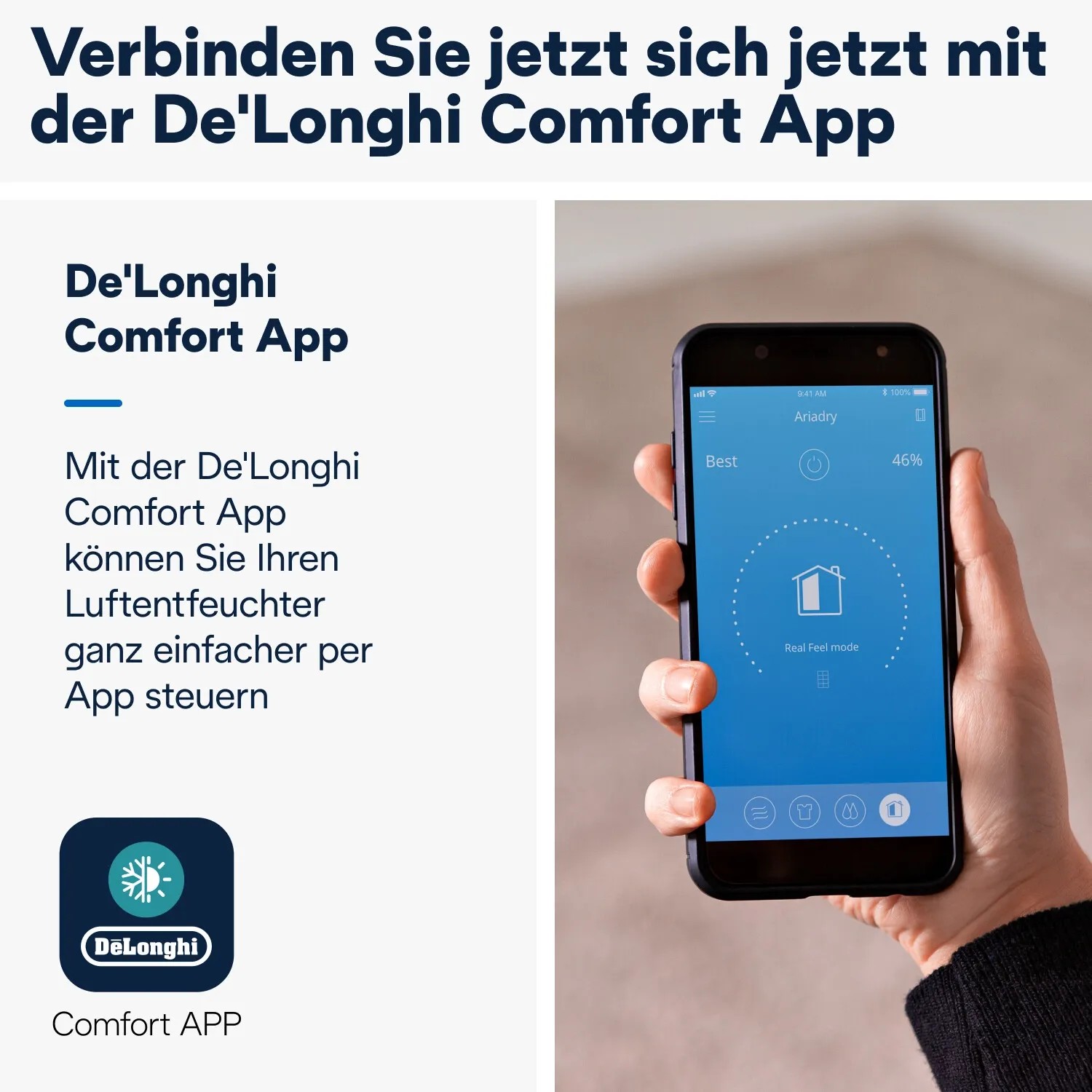 DeLonghi Luftentfeuchter per App steuern: Smartphone mit DeLonghi Comfort App in der Hand.