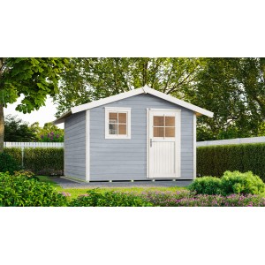 Graues Holz-Gartenhaus mit Satteldach, Fenster und Tür. Ideal als Gerätehaus oder Hobbyraum.