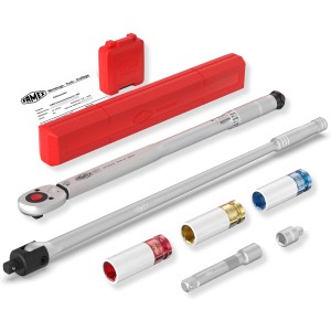 Famex Drehmomentschlüssel Set (30-210 Nm) mit Radmutterneinsätzen, Verlängerung, Adapter und Gelenk-Drehgriff im Koffer.