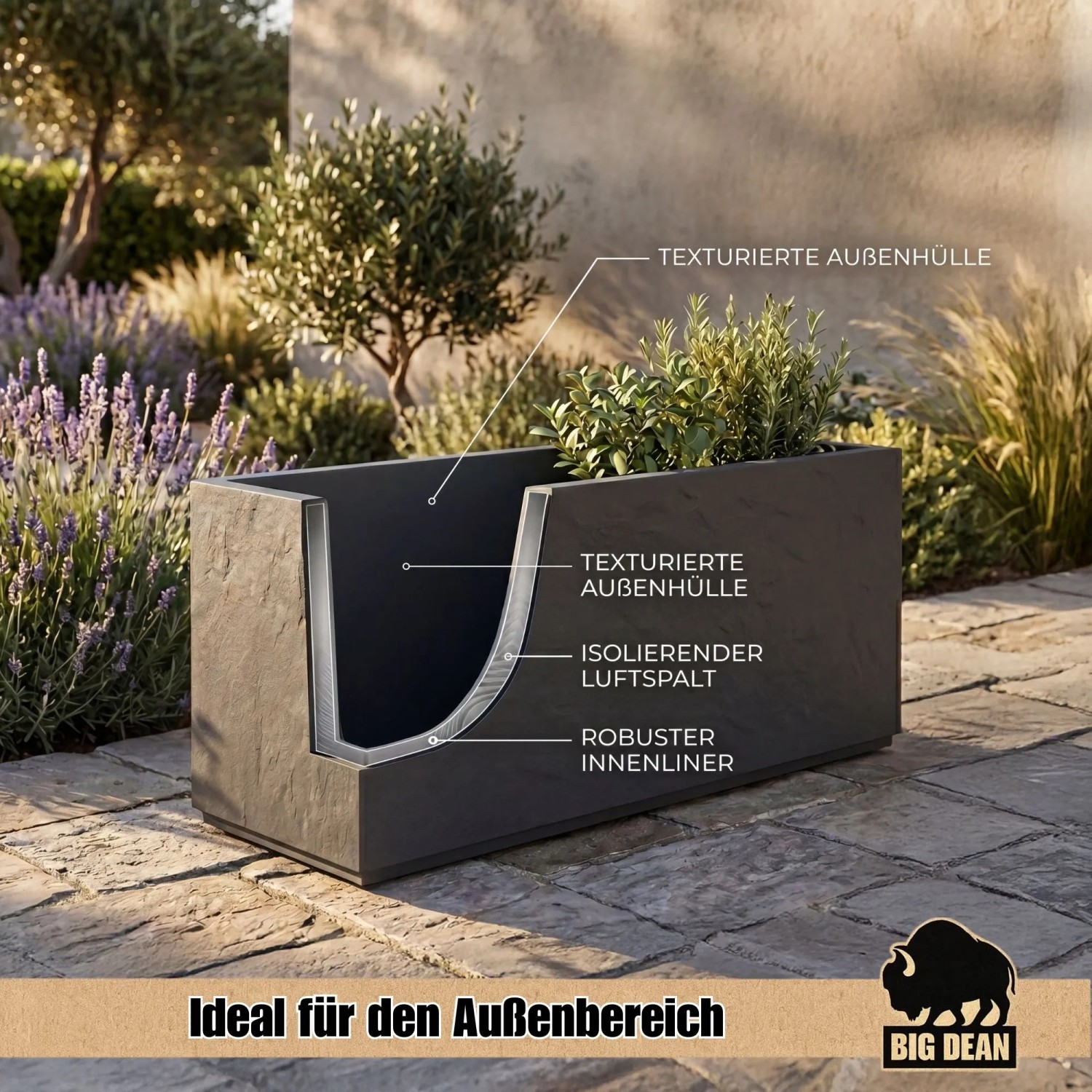 BigDean Pflanzkübel Groß Außen ca. 100cm Schiefer Optik Blumentopf mit Wasserspeicher Winterfest Doppelwandig Rechteckig_4
