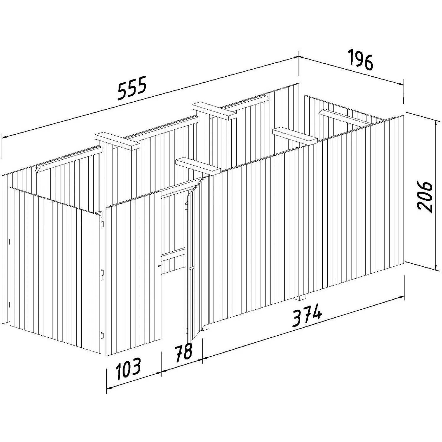 Technische Zeichnung: Palmako Anbauschuppen für Carport Karl, Maße und Details.