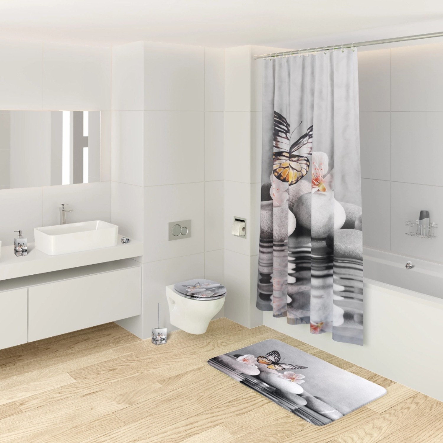 SANILO Badematte Vanesa im Badezimmer mit passendem Duschvorhang und WC-Sitz.