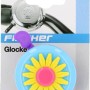Fischer Fahrrad-Glocke mit blauem Gehäuse und gelb-pinker Blume.