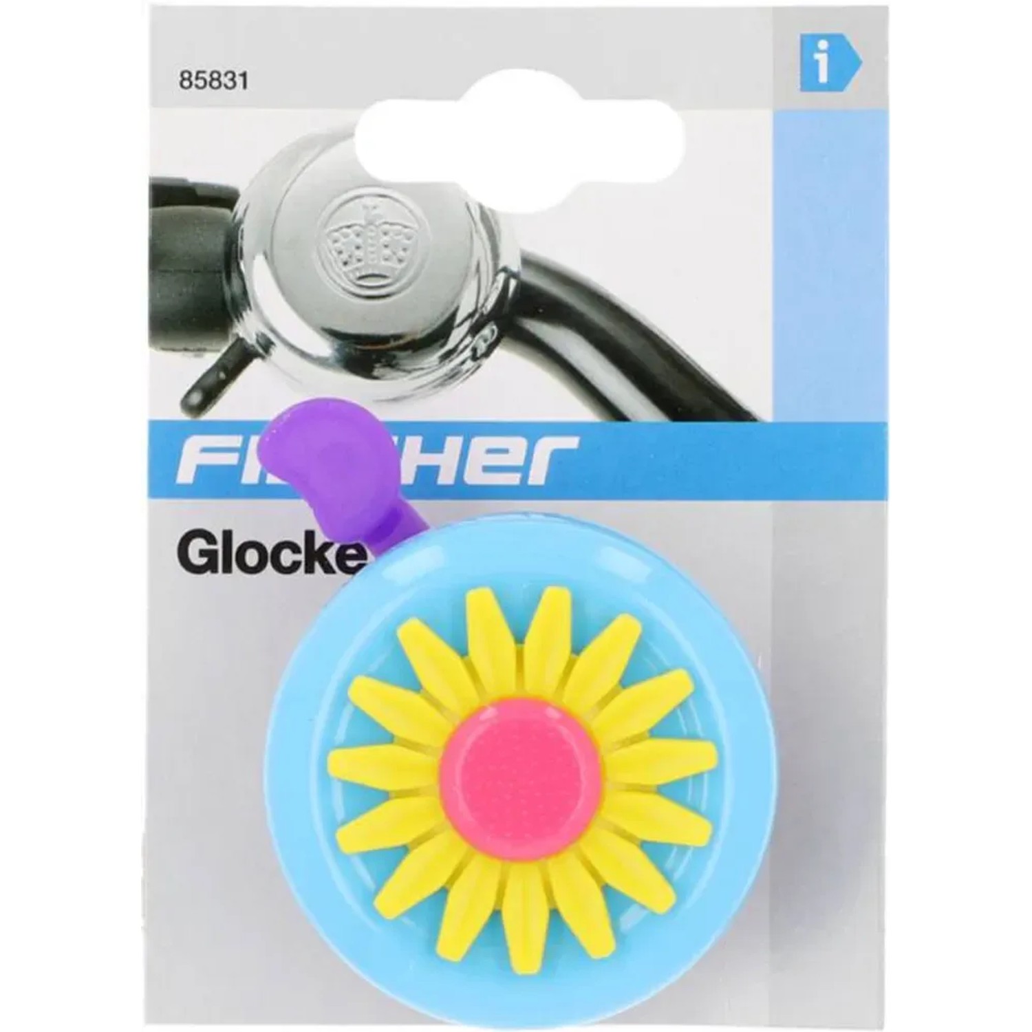 Fischer Fahrrad-Glocke mit blauem Gehäuse und gelb-pinker Blume.
