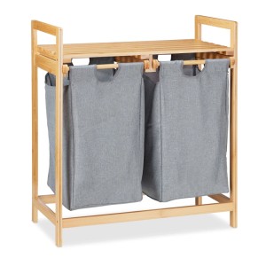 Relaxdays Wäschesortierer Bambus Grau 2 Fächer Mit Ablage 73 cm x 64 cm x 33 cm 4,2 kg