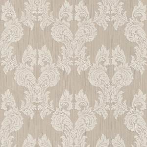 Beige Textiltapete mit Barockmuster, matte Oberfläche. Dekorative Tapete für Wohnräume.