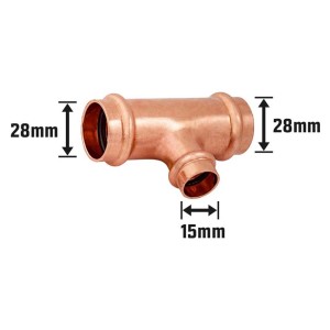 Kupfer Press-Reduzier-T-Stück, 28 mm x 15 mm x 28 mm, für Kupferrohre.