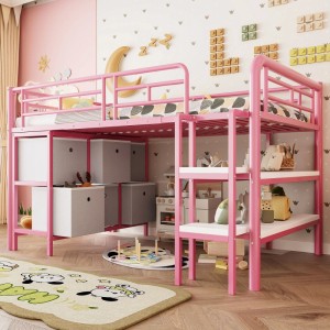 Rosa Metall-Hochbett 90x200cm mit integrierter Treppe und Stauraum für Kinderzimmer. Sicher und platzsparend.