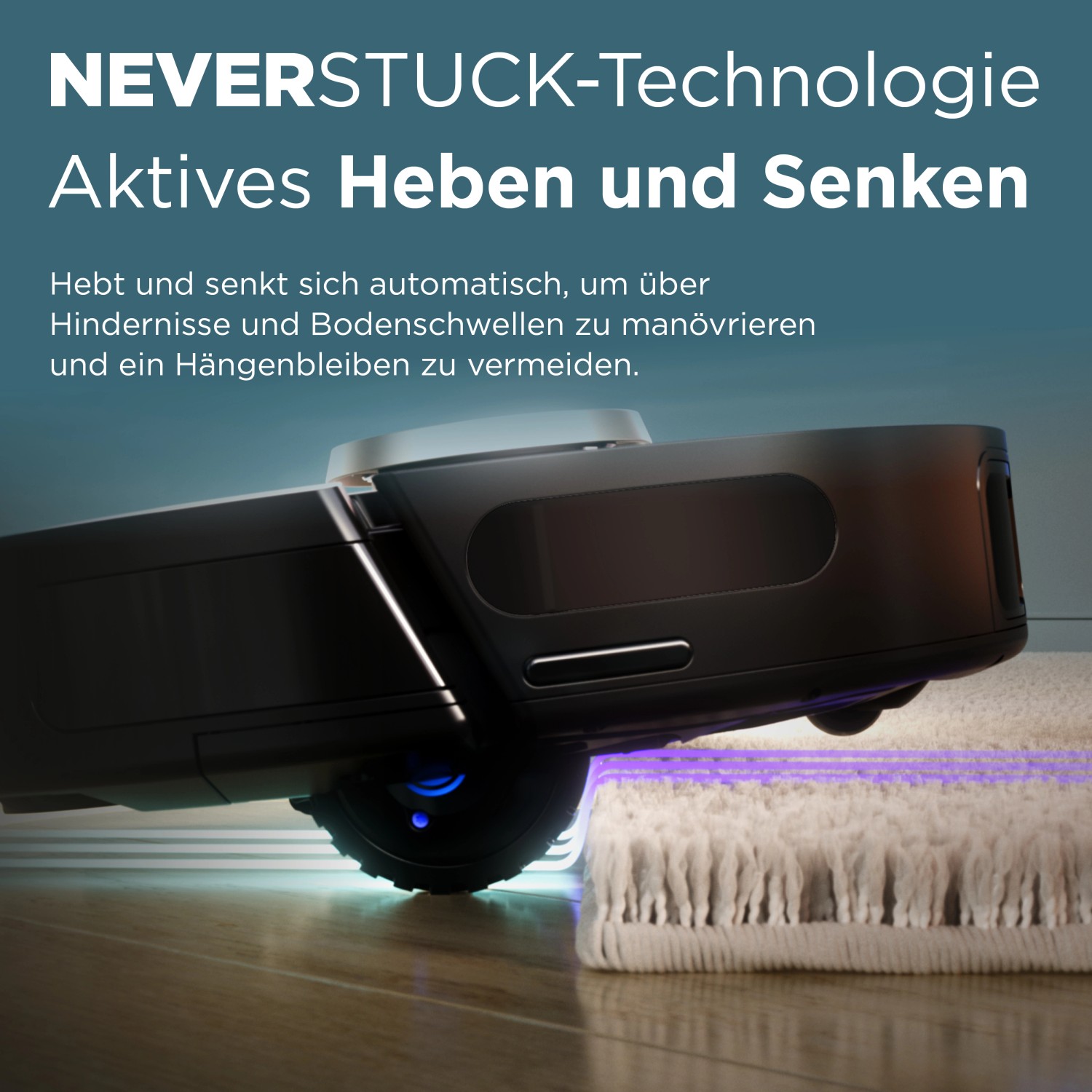 Shark Saugroboter mit Never Stuck-Technologie überwindet Hindernisse.
