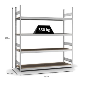 Verzinktes PROREGAL Weitspannregal mit 4 Ebenen und Spanplatten, Fachlast 350 kg, 250x225x60 cm.