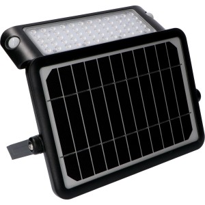 Schwarze LED Solar-Außenleuchte mit Sensor und Flutlicht, 10W, 1080lm, 3000K.