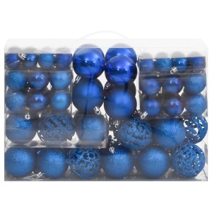 111-tlg. blaues Weihnachtskugel-Set aus Polystyrol mit Kugeln, Sternen, Schneeflocken und Baumspitze.