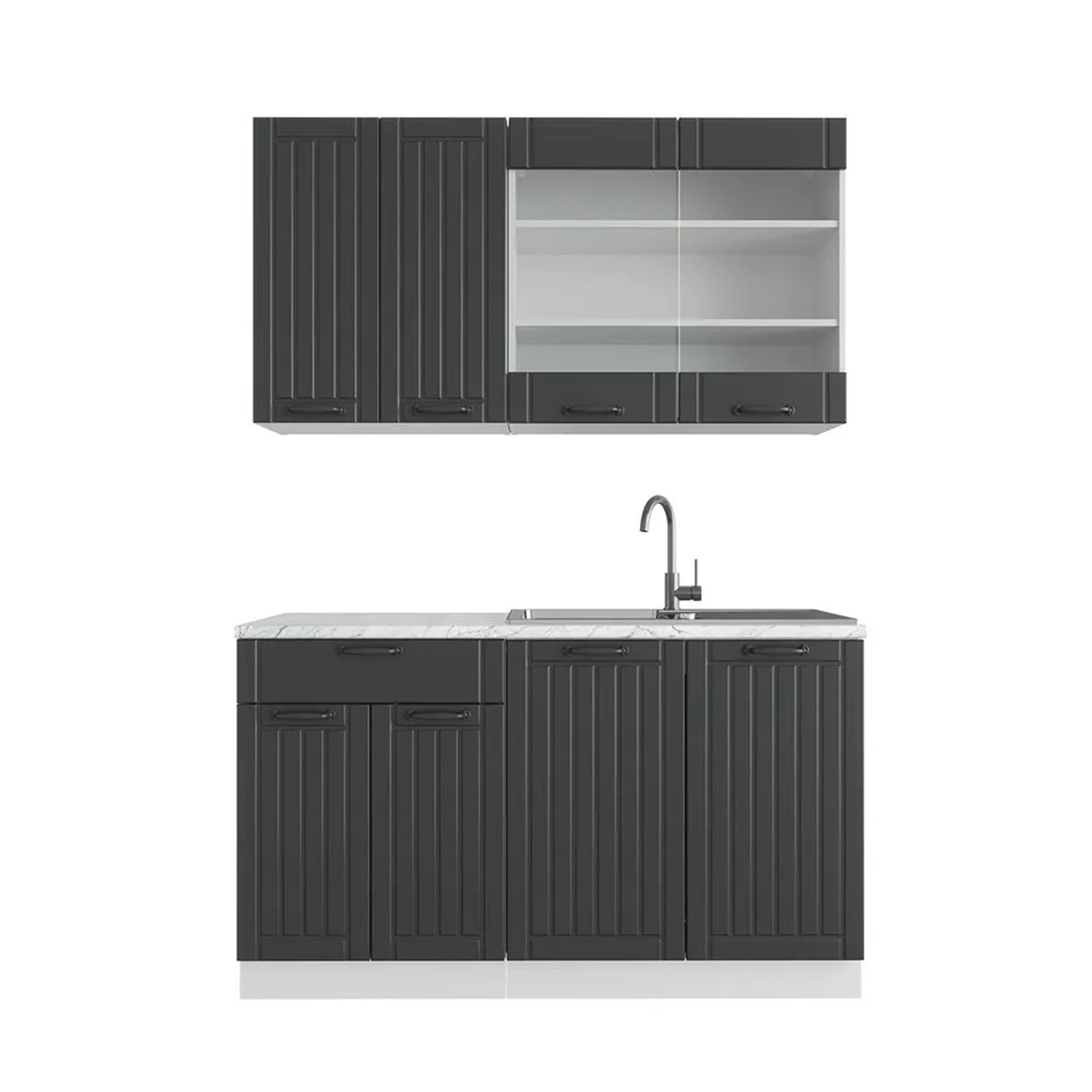 Vicco Fame-Line Singleküche Anthrazit Landhaus Weiß 140 cm AP Marmor ohne E-Geräte