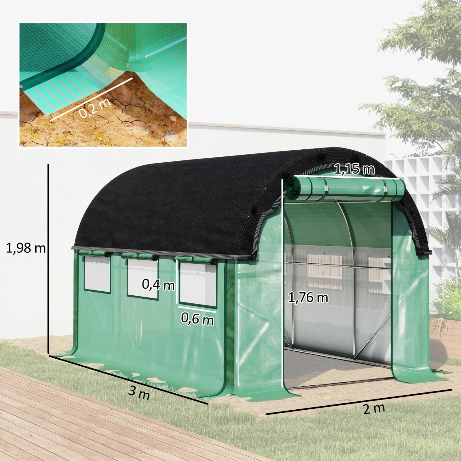 Outsunny Gewächshaus 3x2x2m mit aufrollbaren Seitenwänden und Sonnenschutznetz.