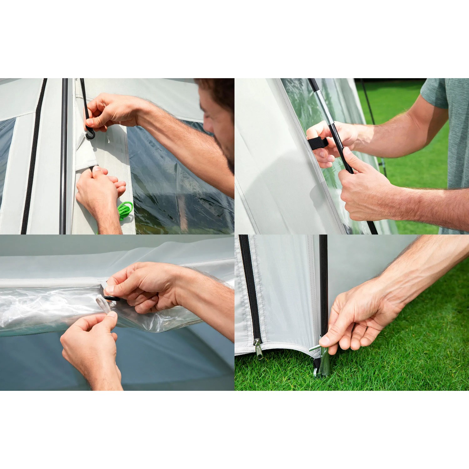 Detailansichten des Bestway Pavillons für runde Pools: Befestigung von Fenster, Stange, Folie und Reißverschluss.