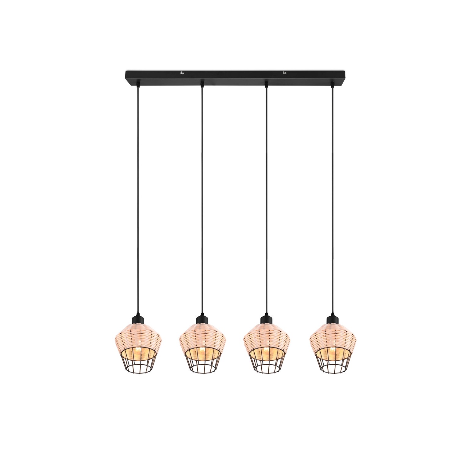 Reality Pendelleuchte Borka, 4-flammig, naturfarbenes Rattan und schwarzes Metall.