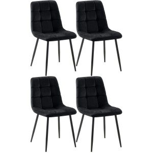 4er Set schwarze Esszimmerstühle Asti aus Samt mit gesteppter Rückenlehne und schwarzen Metallbeinen.