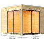 Modernes Karibu Gartenhaus Kubus 3 aus Fichte mit großen Fensterflächen und Maßangaben.