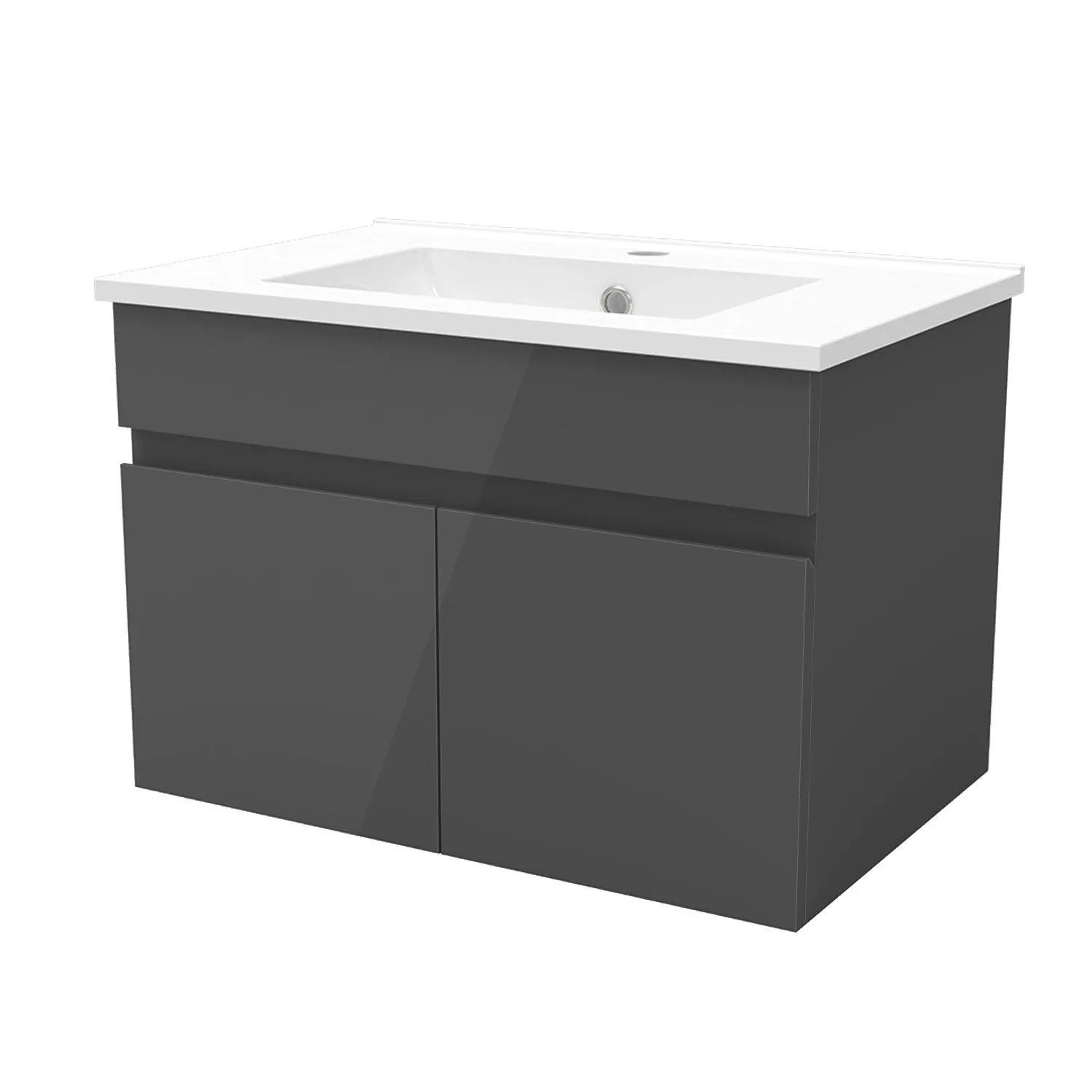 AICA Waschbecken mit Unterschrank 60 cm BERGEN Badmöbel Set Waschtisch mit Unterschrank Anthrazit Hochglanz Softclose 2 tlg.