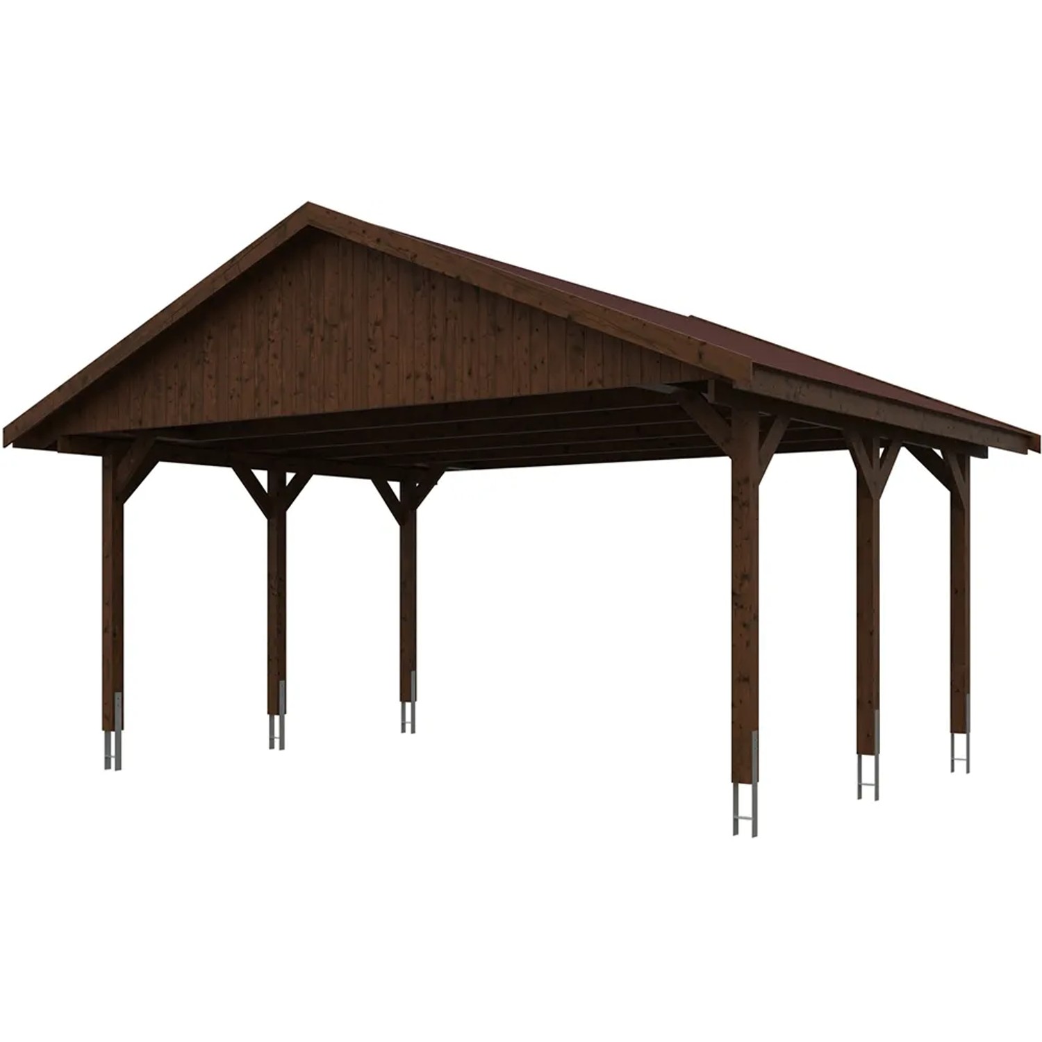 Satteldach-Carport Wallgau, Nussbaum mit roten Schindeln, Holzkonstruktion.