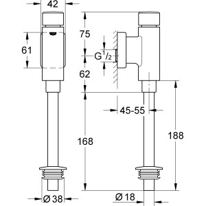 Technische Zeichnung: Grohe Rondo Druckspüler für Urinal, Maße und Details zur Installation.