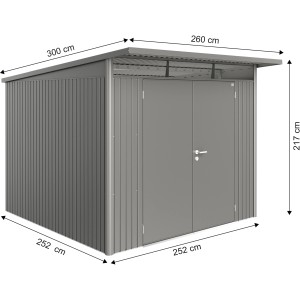 Biohort Metall-Gerätehaus AvantGarde A7, quarzgrau-metallic, mit Doppeltür und Maßangaben.
