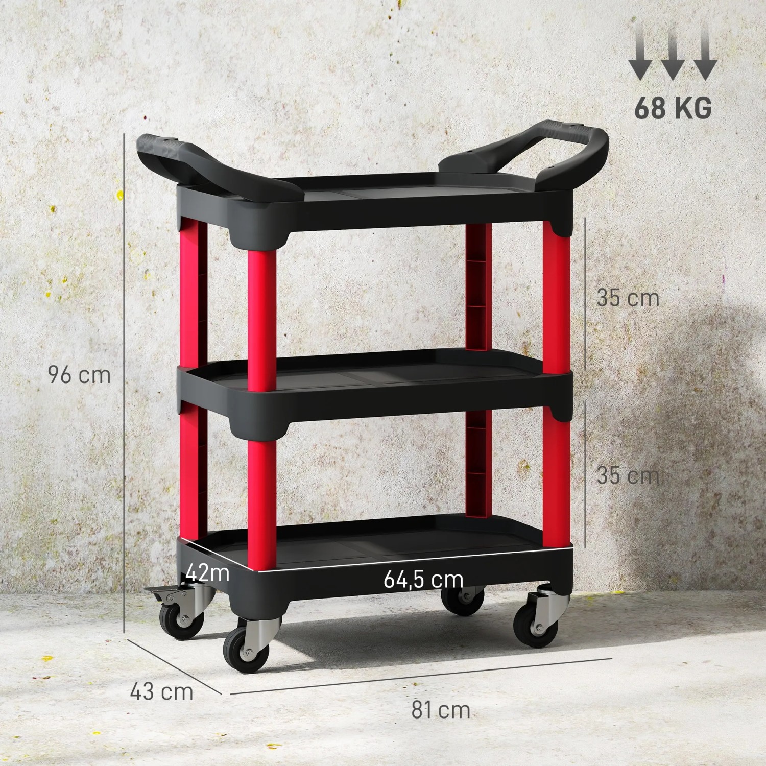 HOMCOM Werkstattwagen mit 3 Ablagen, Griff und Rollen, rot/schwarz, max. 68kg