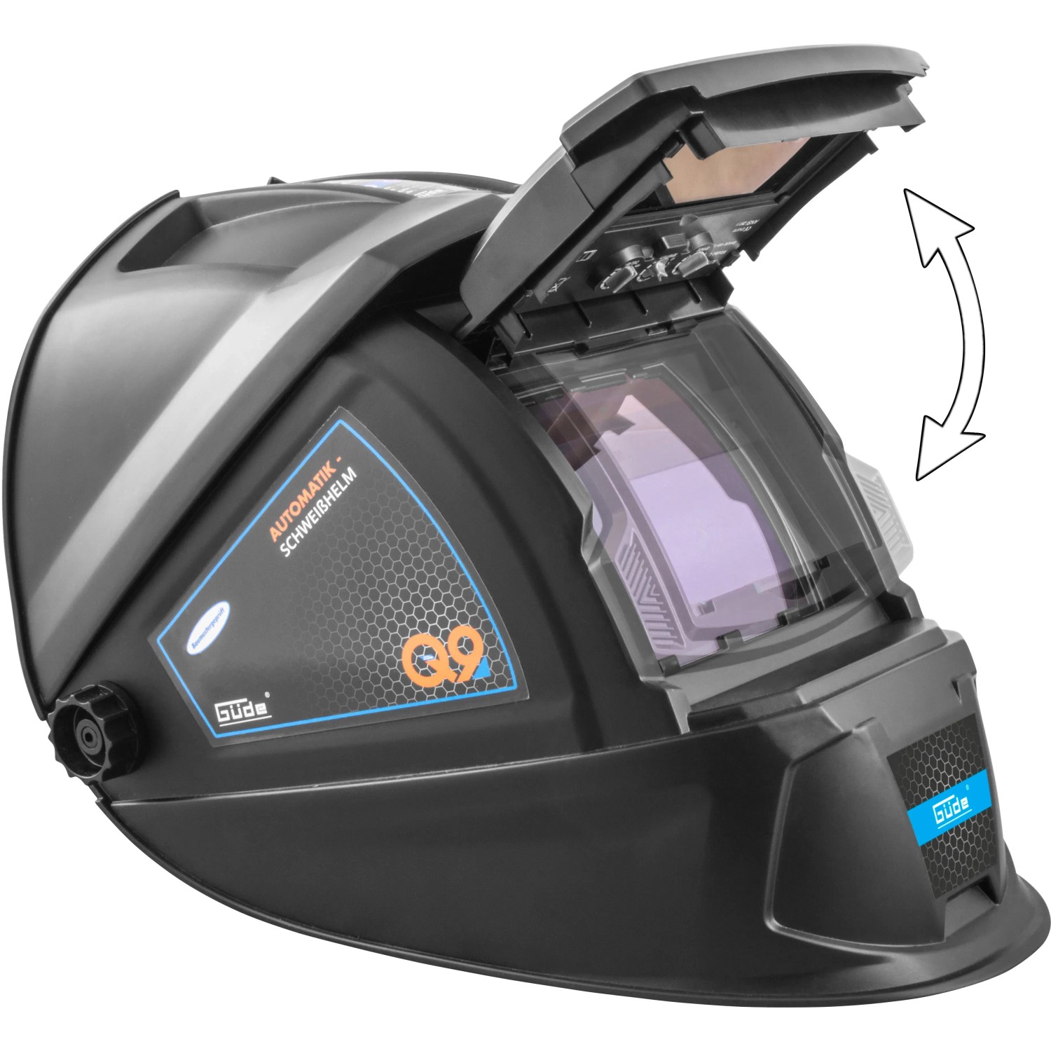 Güde Automatik Schweißhelm GSH-K mit hochklappbarem Visier für klare Sicht beim Schweißen.