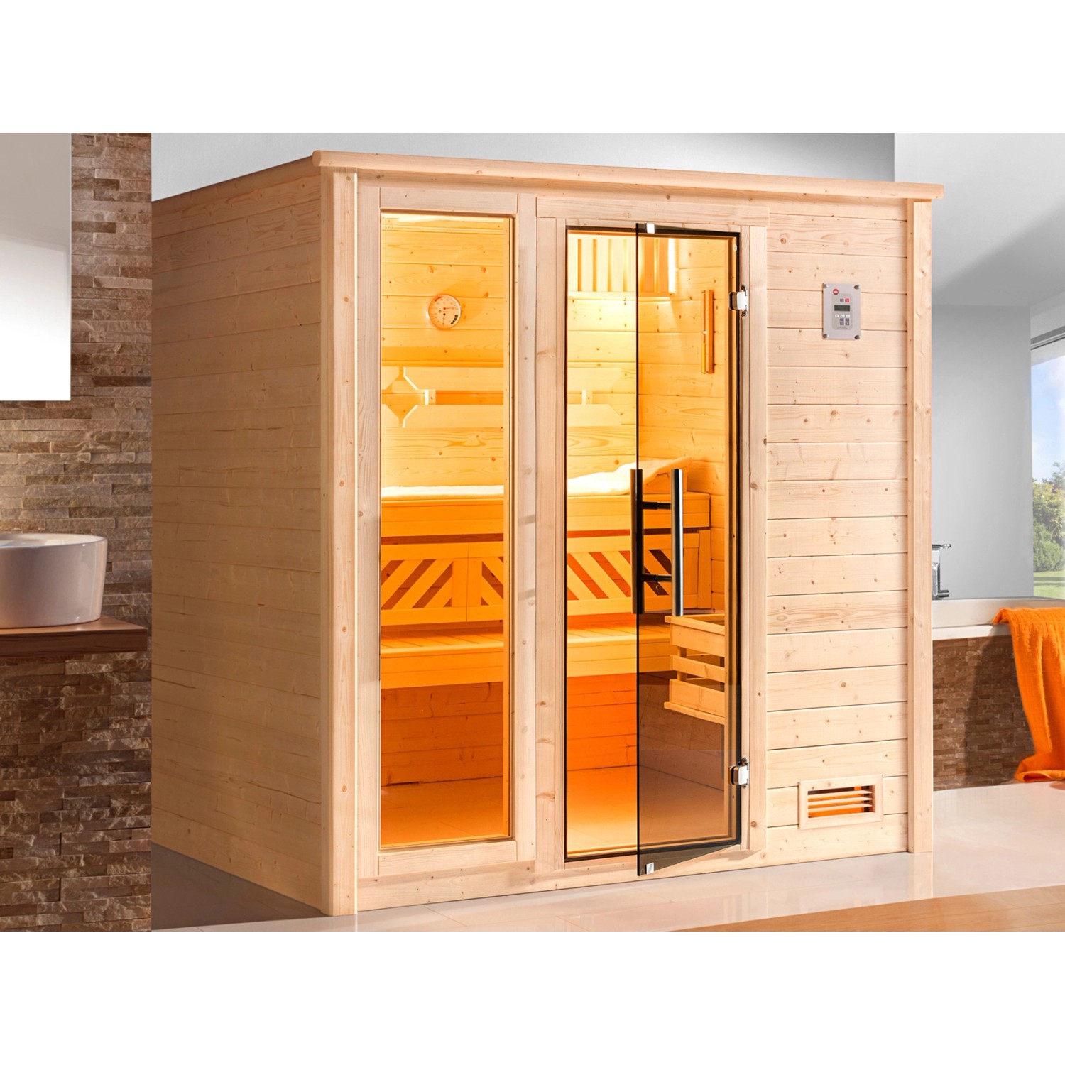 Weka Sauna Bergen 2 + Ofen, ext. Steuerung, Fenster und Glastür Graphit