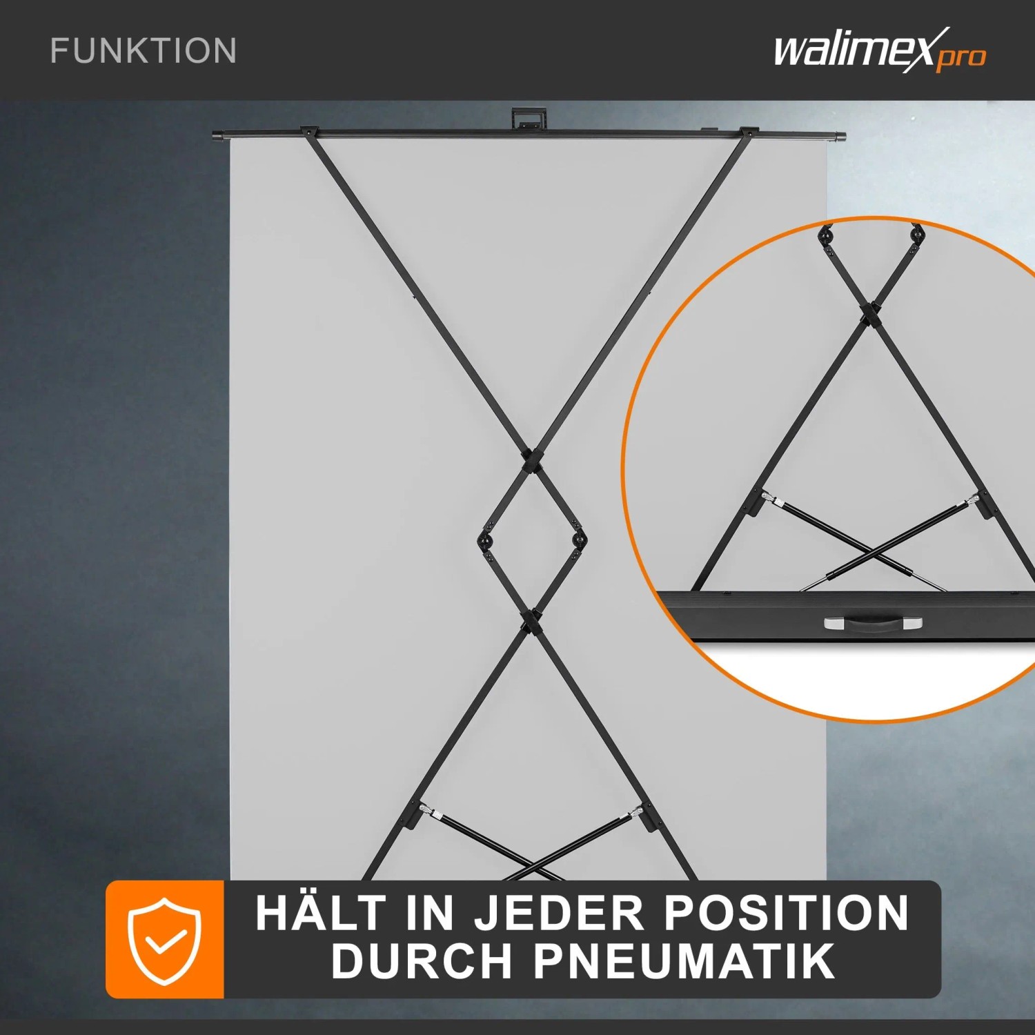 Walimex Pro Roll-Up Fotohintergrund grau mit schwarzem Scherenspannrahmen und Pneumatik für stabilen Halt.