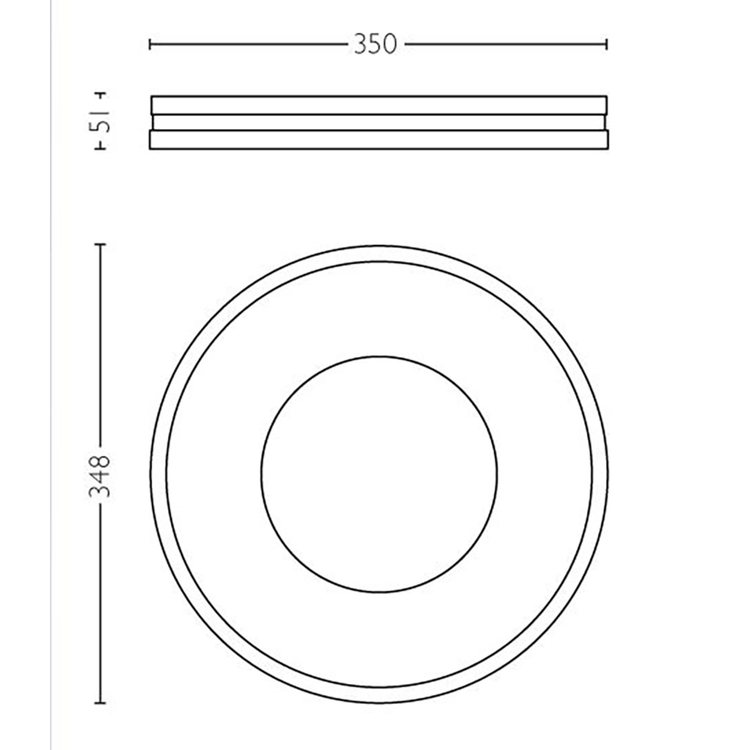 Technische Zeichnung der schwarzen Philips Hue Being Deckenleuchte mit Maßen.