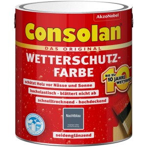 Dose Consolan Wetterschutzfarbe Nachtblau, seidenglänzend, 2,5 l. Wetterfeste Farbe für Holz.