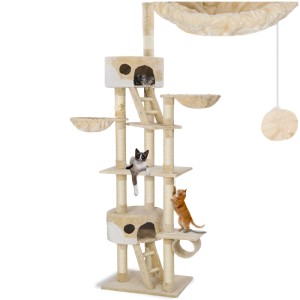 Beige-weißer Tectake Kratzbaum Hansi mit Katzen beim Spielen und Ausruhen.