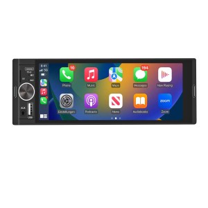 Junsun 1 Din Autoradio mit Touchscreen, Carplay-Apps und Navigation. Schwarzes Gerät mit USB, AUX und Drehregler.