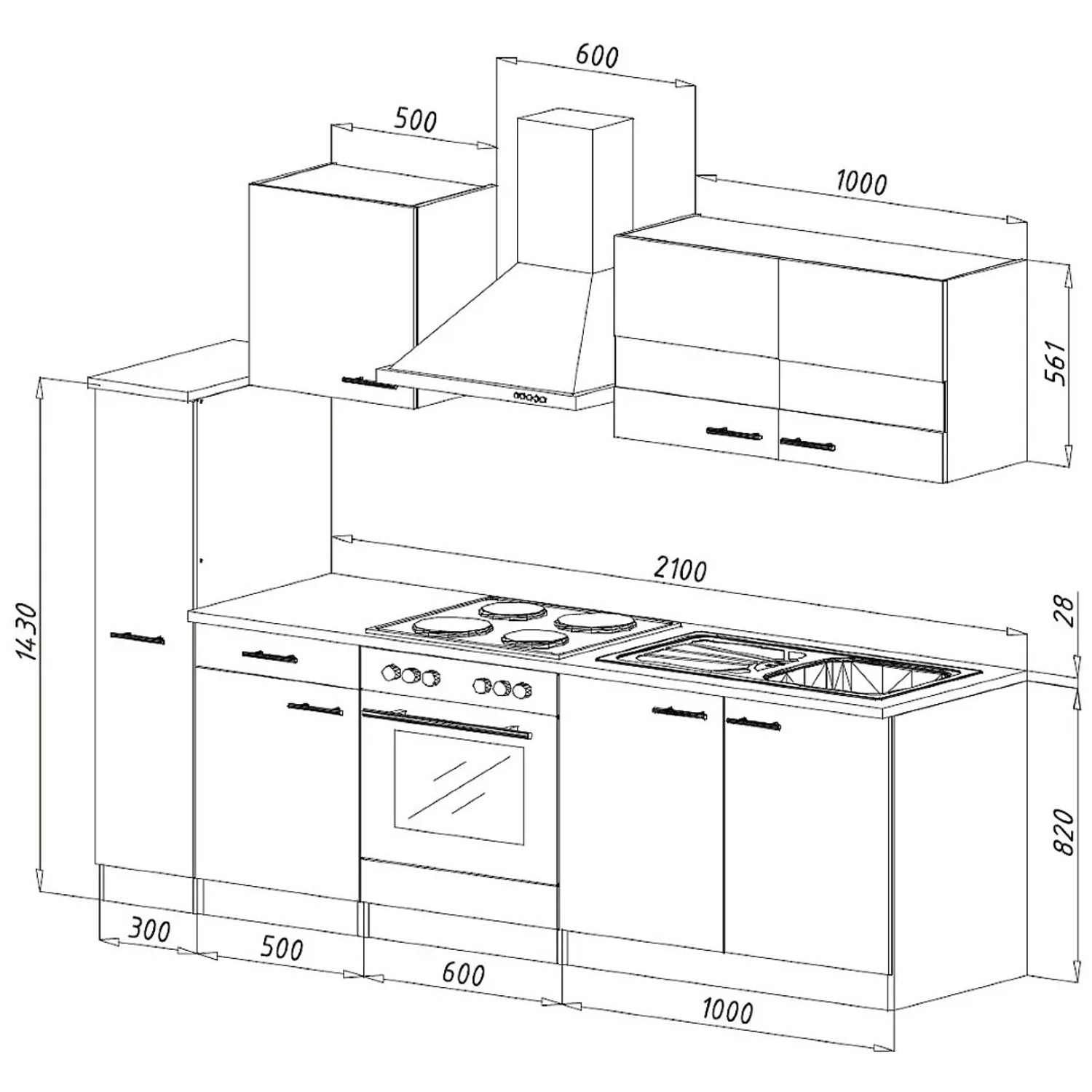 Skizze der Respekta Küchenzeile KB240ESWC, 240 cm, Weiß-Eiche Glänzend, mit Maßen und Details.