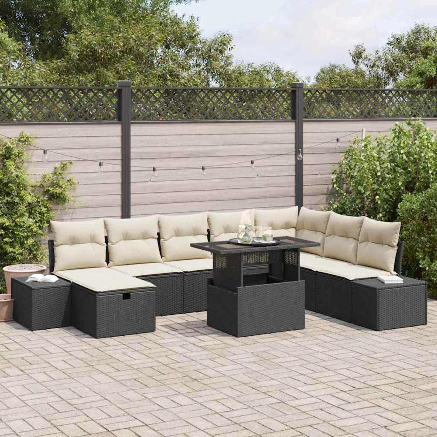 Schwarzes 9-teiliges vidaXL Garten-Sofa-Set aus Poly Rattan mit höhenverstellbarem Tisch.
