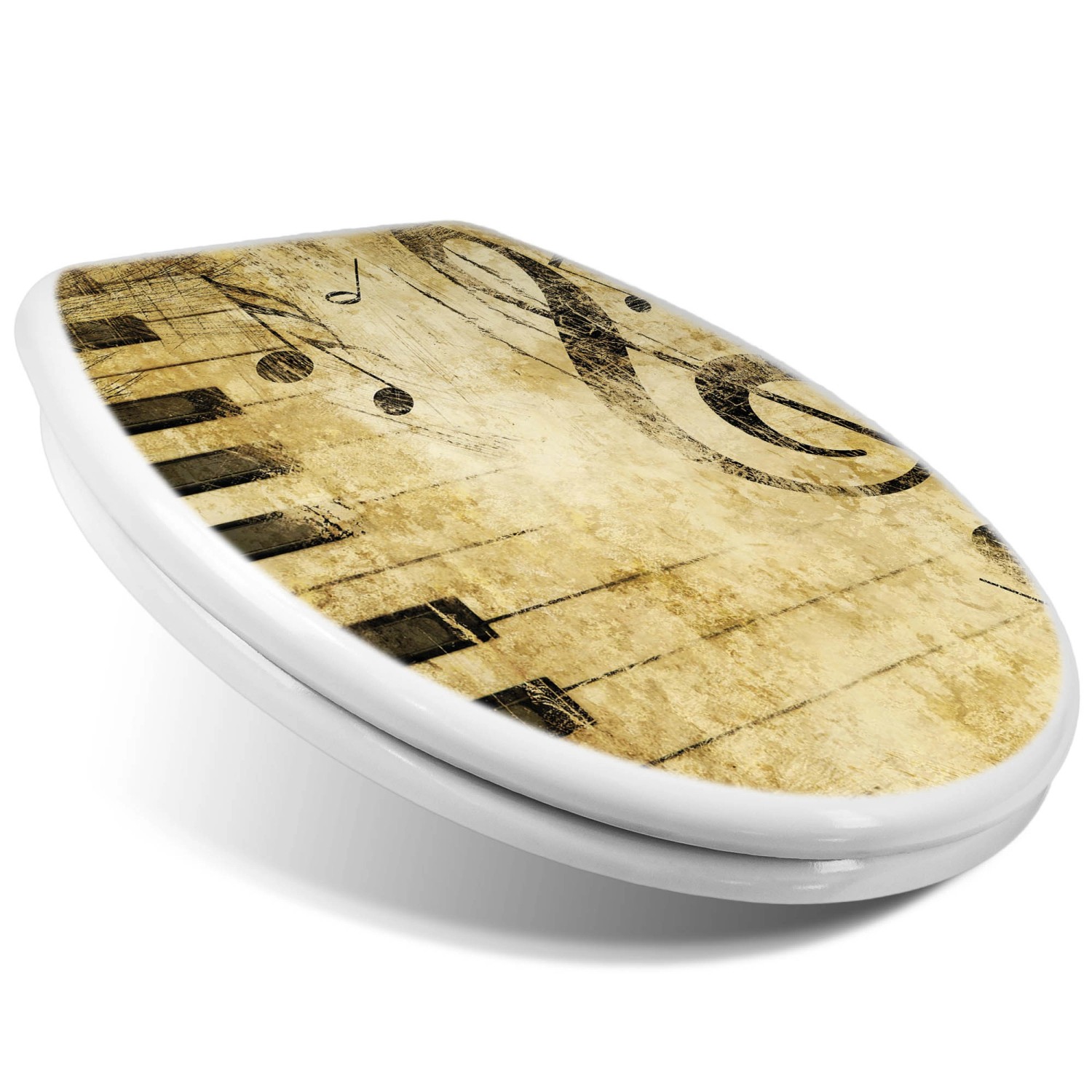 Banjado WC-Sitz mit Absenkautomatik, Motiv Music. Weißer Toilettendeckel aus Duroplast mit Noten und Klaviertasten.